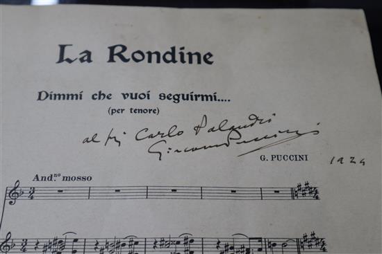 Giacomo Puccini - La Rondine. A reduced piano score with a dedication to Carlo Pilandry, signed by Puccini